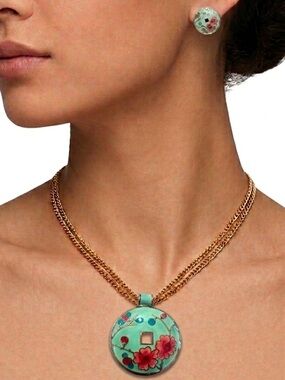 Vintage Enamel Floral Necklace & Earrings Set